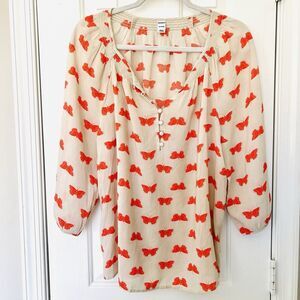 Old Navy Cream Blouse with Orange Butterfly Print. Billowy Flowy. Size L. EUC.